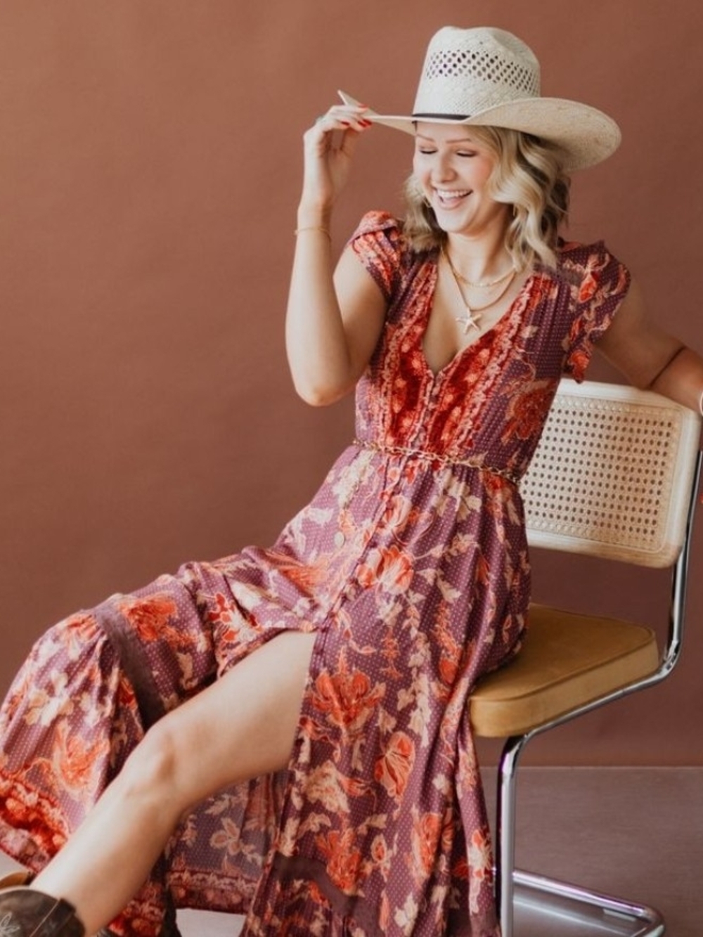 Jasse Floral Boho Maxi Dress in Rust Pink Size Small Bohemian